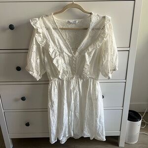 Miou Muse White Eyelet Dress with Ruffle Neckline & Puff Sleeves Size L